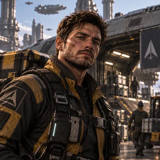 A dock worker in a worn yellow-and-black work harness, a cargo hall behind