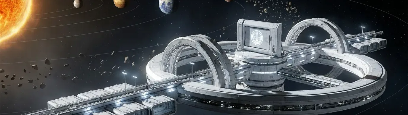 Sol: a ring station among the planets and drifting rock, the sun at the edge of the frame